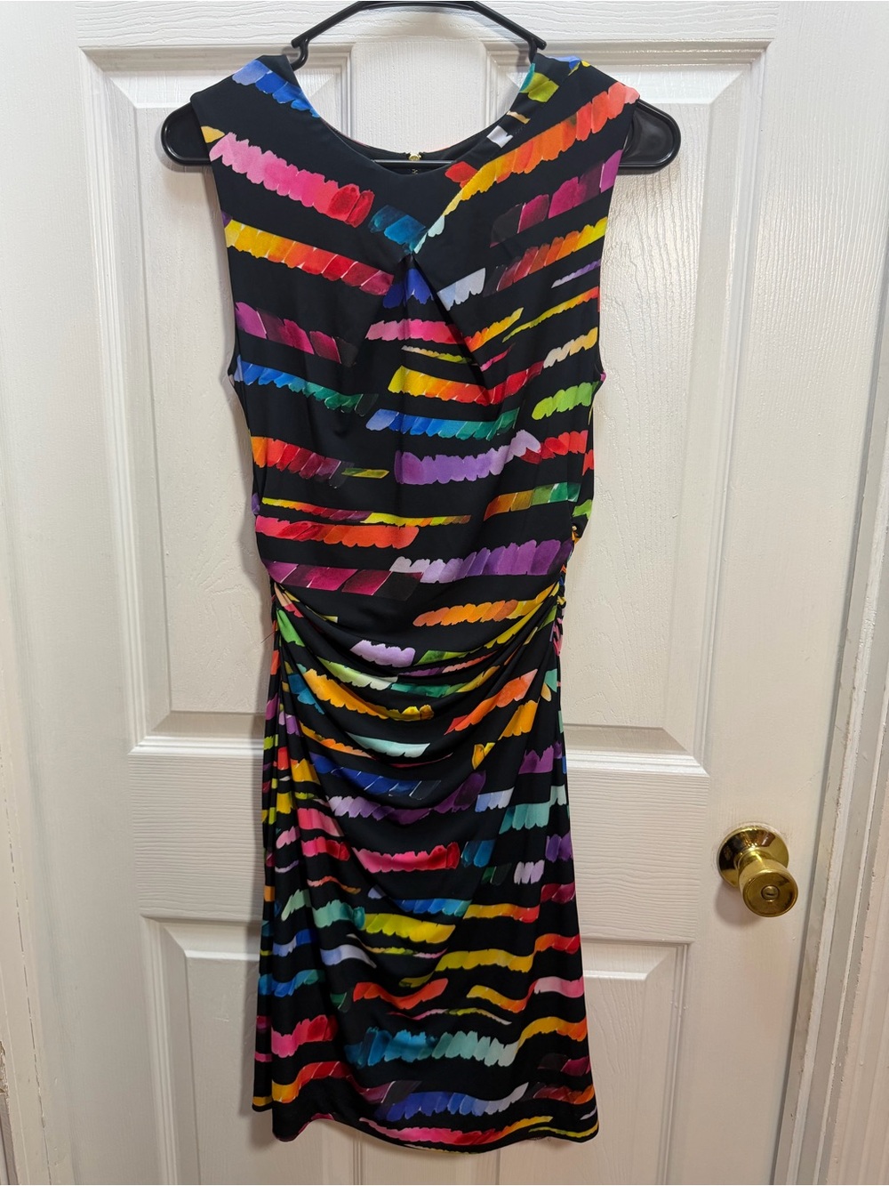 Tahari Black Midi Dress with Multicolor Stripe Brushstrokes